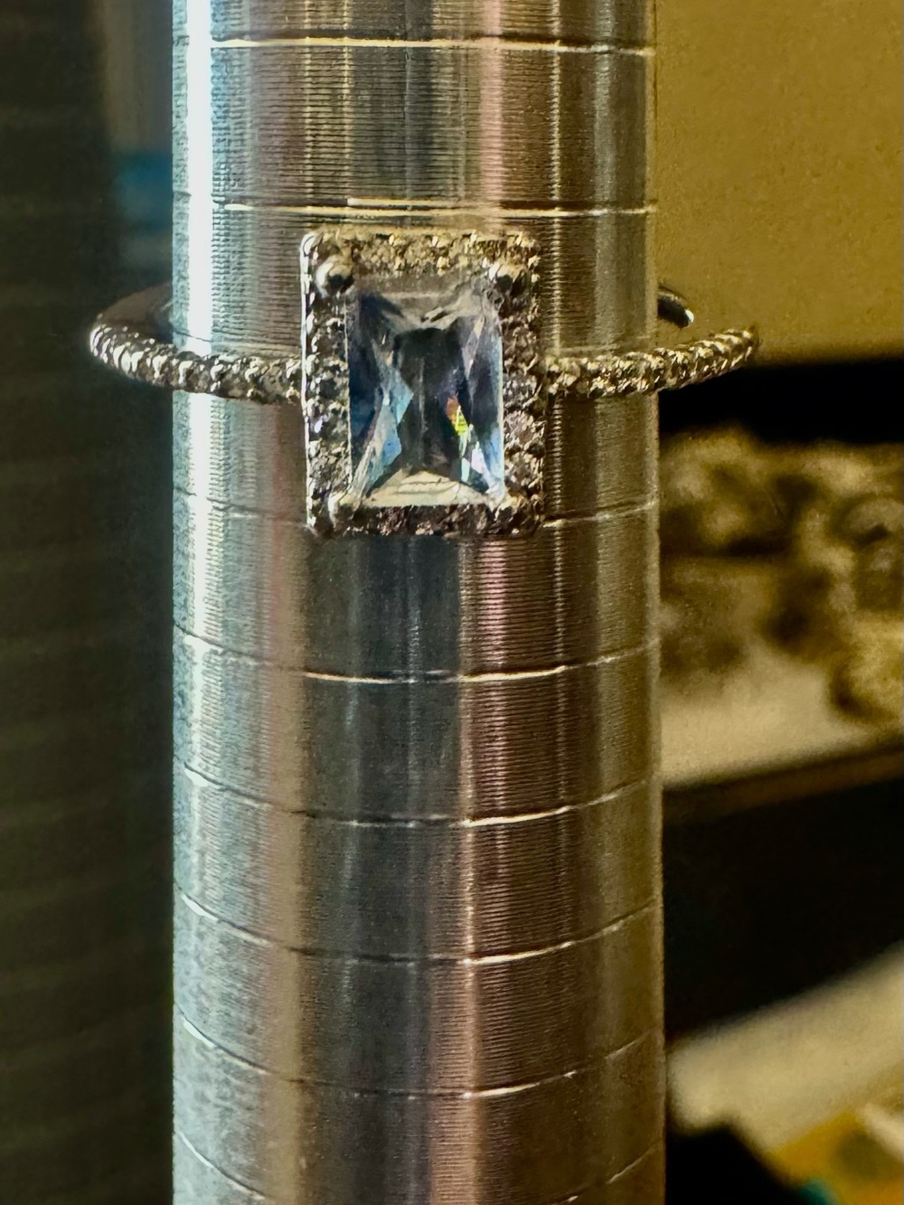 Sterling Silver Square Halo Ring with Light Blue Center Stone